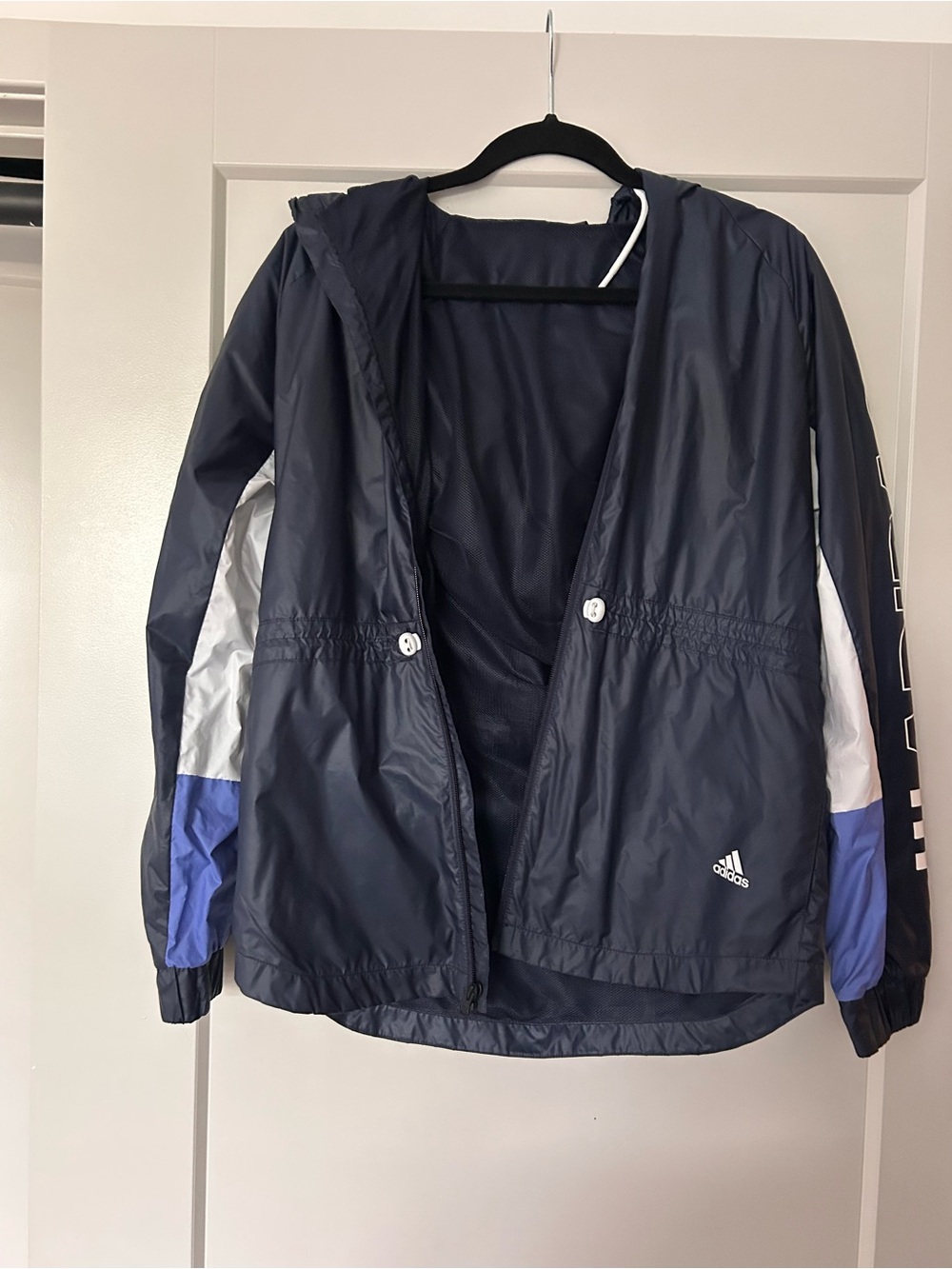 adidas Navy Hooded Windbreaker with Blue & White Panels